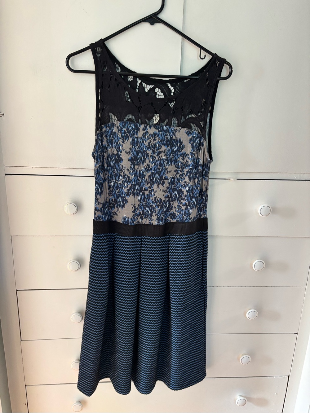 Retro mixed pattern Dress in Black and Light Blue Print
